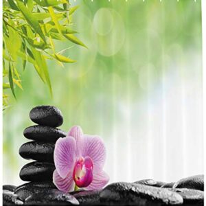 Ambesonne Asian Shower Curtain, Basalt Stone and Orchid Flower with Dew Harmony Therapeutic Spa Theme Photo, Cloth Fabric Bathroom Decor Set with Hooks, 69" W x 84" L, Green Black Pink