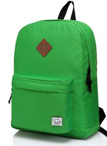 vaschy lightweight backpack for school, classic basic water resistant casual daypack for travel with bottle side pockets (green)
