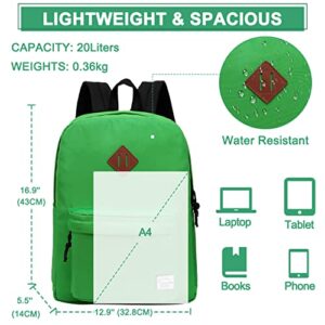 VASCHY Lightweight Backpack for School, Classic Basic Water Resistant Casual Daypack for Travel with Bottle Side Pockets (Green)