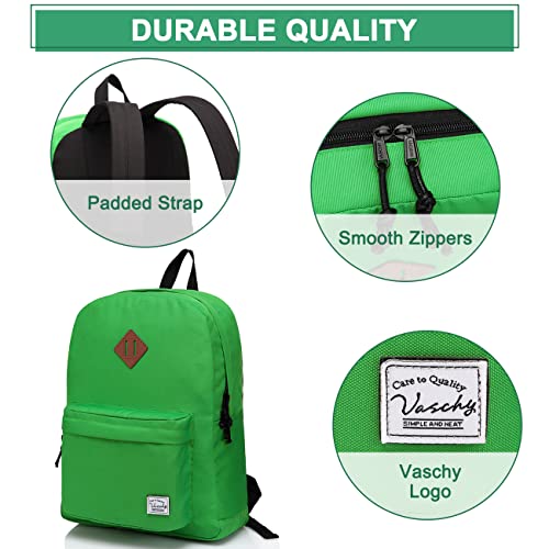 VASCHY Lightweight Backpack for School, Classic Basic Water Resistant Casual Daypack for Travel with Bottle Side Pockets (Green)