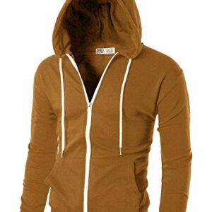 Ohoo Mens Slim Fit Lightweight Zip Up Hoodie with Pockets Long Sleeve Full-Zip Hooded Sweatshirt/DCF002-CAMEL-M