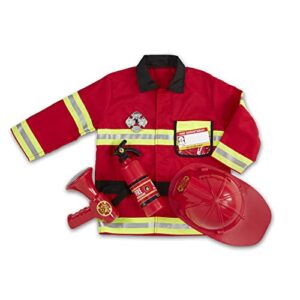 melissa & doug fire chief role play dress-up set - pretend fire fighter outfit with realistic accessories, firefighter costume for kids and toddlers ages 3+