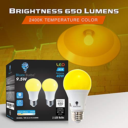 2-Pack BlueX A19 Amber Yellow LED Bug Light Bulb No Blue Light Outdoor 650 Lumens 120V E26 Medium Base LED 9.5 - Watt (60-watt Replacement) A19 Outdoor Bug LED Warm Light Bulb