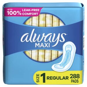 always maxi feminine pads for women, size 1 regular absorbency, multipack, without wings, unscented, 48 count x 6 packs (288 count total)