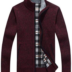 Yeokou Men's Slim Fit Zip Up Casual Knitted Cardigan Sweaters With Pockets (Large, Wine Red)