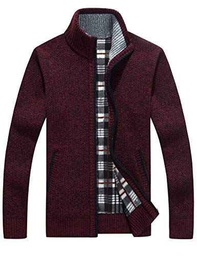 Yeokou Men's Slim Fit Zip Up Casual Knitted Cardigan Sweaters With Pockets (Large, Wine Red)