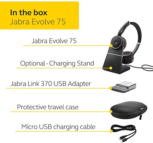 Jabra Evolve 75 MS Wireless Headset, Stereo – Includes Link 370 USB Adapter – Bluetooth Headset with World-Class Speakers, Active Noise-Cancelling Microphone, All Day Battery