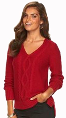 Chaps Women's Cable-Knit V-Neck Long Sleeve Sweater (Medium, Rich Red)