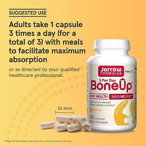 Jarrow Formulas BoneUp Three Per Day - 180 Capsules - 60 Servings - For Bone Support & Skeletal Nutrition - Includes Naturally Derived Vitamin D3, K2 (as MK-7) & 1000mg Calcium - Gluten Free - Non-GMO