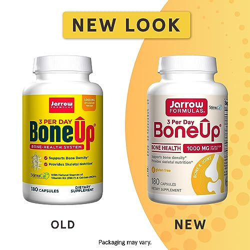 Jarrow Formulas BoneUp Three Per Day - 180 Capsules - 60 Servings - For Bone Support & Skeletal Nutrition - Includes Naturally Derived Vitamin D3, K2 (as MK-7) & 1000mg Calcium - Gluten Free - Non-GMO