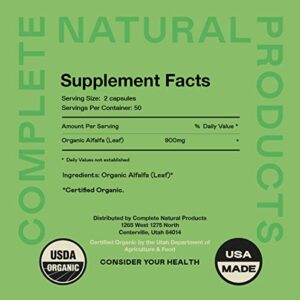 Complete Natural Products Pure Alfalfa Leaf (Medicago Sativa) - 100 Capsules - 630mg of Pure Dried Organic Alfalfa Leaf Powder in Veggie Capsules