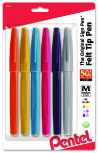 pentel arts sign pen brush tip, assorted ink, 6-pk (s520rbp6m)