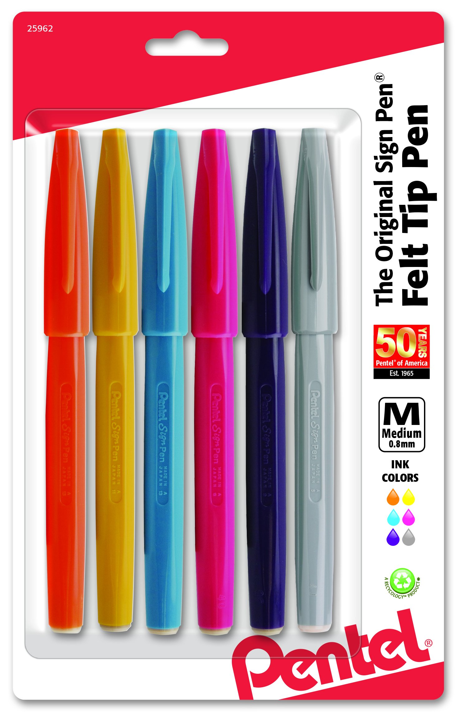 Pentel Arts Sign Pen Brush Tip, Assorted Ink, 6-Pk (S520RBP6M)