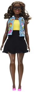 barbie curvy african-american doll in denim emoji vest and black skirt