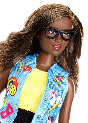 Barbie Curvy African-American Doll in Denim Emoji Vest and Black Skirt