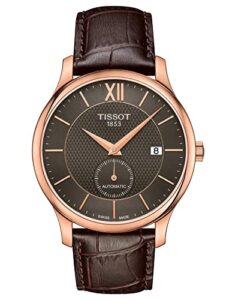 tissot mens tradition automatic small second 316l stainless steel case with rose gold pvd coating automatic watch, brown, leather, 20 (t0634283606800)