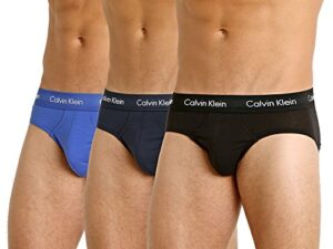 calvin klein men's cotton stretch 3 pack hip brief, black/blue shadow/cobalt water, medium