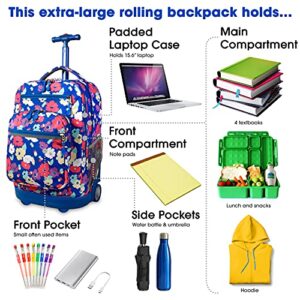 J World New York Sundance Rolling Backpack Girl Boy Roller Bookbag, Petals, 20 X 13 X 9 (H X W X D)