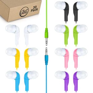 justjamz bulk earbuds jelly roll | 30 pack of colorful in-ear earbuds, wired earphones for smartphones & laptop, disposable headphones for kids & adults, assorted colors