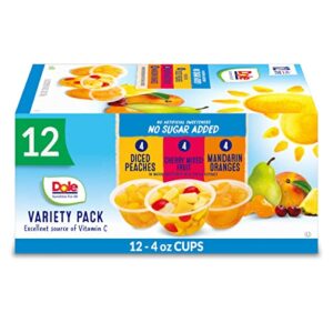 dole fruit bowls no sugar added variety pack, peaches, mandarin oranges & cherry mixed fruit, back to school, gluten free snack, 4oz, 12 cups