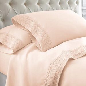 modern threads soft microfiber crochet lace sheets - luxurious microfiber bed sheets - includes flat sheet, fitted sheet with deep pockets, & pillowcases blush twin
