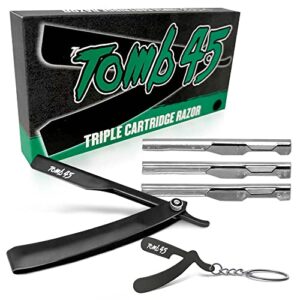 tomb 45 triple cartridge razor holder | disposable razor safety handle for barbers | 100% metal grip & 3 adjustable blade exposure options for shaving | men's straight edge razors manual shaver (black)