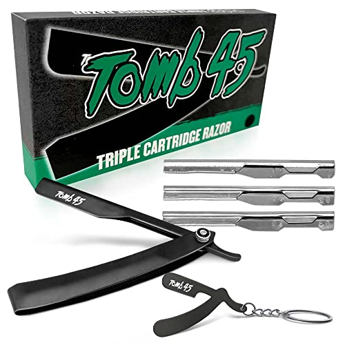 Tomb 45 Triple Cartridge Razor Holder | Disposable Razor Safety Handle For Barbers | 100% Metal Grip & 3 Adjustable Blade Exposure Options For Shaving | Men's Straight Edge Razors Manual Shaver (Black)