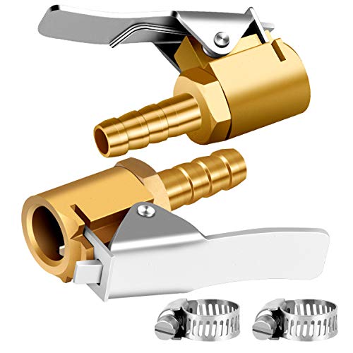 LUMITECO 1/4" Brass tire inflator Lock on air Chuck,Mini air Compressor Portable tire inflator tire Chuck Hose end with Barb Connector for Hose repair-2Pack