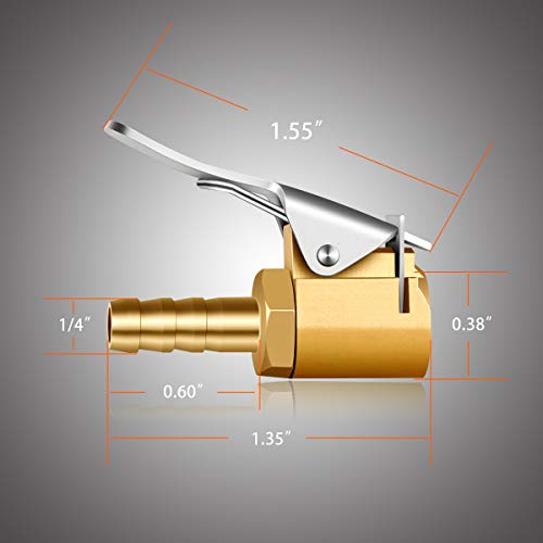 LUMITECO 1/4" Brass tire inflator Lock on air Chuck,Mini air Compressor Portable tire inflator tire Chuck Hose end with Barb Connector for Hose repair-2Pack