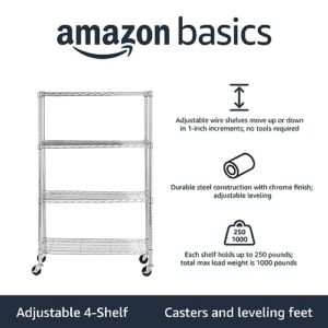 Amazon Basics 4-Shelf Adjustable, Heavy Duty Storage Shelving Unit on 3'' Wheel Casters, Metal Organizer Wire Rack, Chrome, 36" L x 14" W x 57.8" H