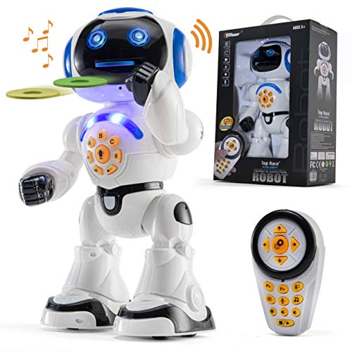 Top Race Remote Control Robot Toys with LED Lights - Interactive Programmable Birthday Gift for Kids - Moving, Dancing, Talking and Play Flying Disc - Rechargeable 12" Tall Desk Smart RC Robot