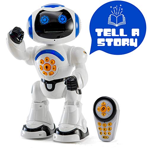 Top Race Remote Control Robot Toys with LED Lights - Interactive Programmable Birthday Gift for Kids - Moving, Dancing, Talking and Play Flying Disc - Rechargeable 12" Tall Desk Smart RC Robot