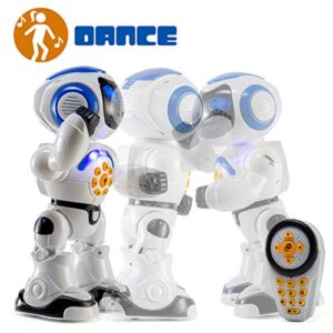 Top Race Remote Control Robot Toys with LED Lights - Interactive Programmable Birthday Gift for Kids - Moving, Dancing, Talking and Play Flying Disc - Rechargeable 12" Tall Desk Smart RC Robot