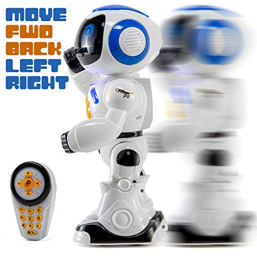 Top Race Remote Control Robot Toys with LED Lights - Interactive Programmable Birthday Gift for Kids - Moving, Dancing, Talking and Play Flying Disc - Rechargeable 12" Tall Desk Smart RC Robot