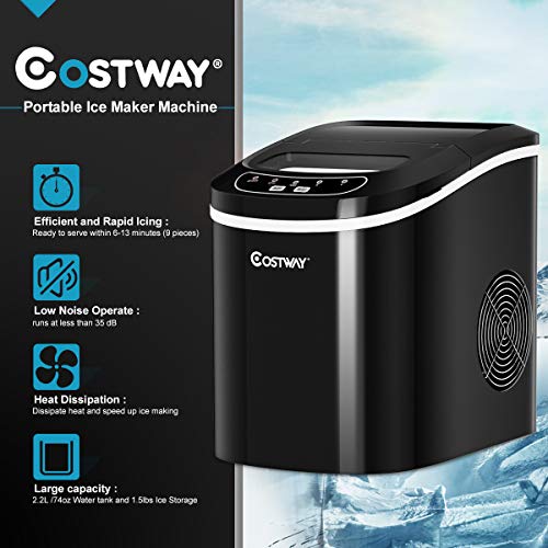 COSTWAY Countertop Ice Maker, 26LBS/24H Portable and Compact Ice Maker Machine, Ice Cubes Ready in 6 Mins, Electric High Efficiency Small Ice Maker with Ice Scoop for Home Kitchen Office, Black