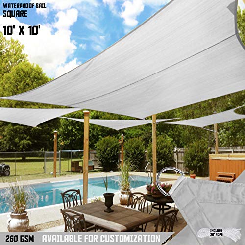 TANG Sun Shades Depot 10' x 10' Square Waterproof Knitted Shade Sail Curved Edge Light Gray/Light Grey 260 GSM U*V Block Shade Fabric Pergola Carport Canopy Replacement Awning Customize Available