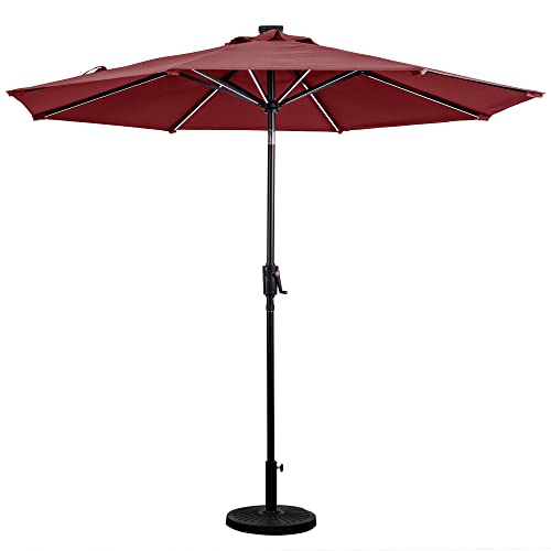 Sun-Ray 811028 9' Round Next Gen 8-Rib Solar Patio Umbrella 32 LED Within Unique Strip Lighting, Crank and Tilt, 9 ft, Scarlet/Red