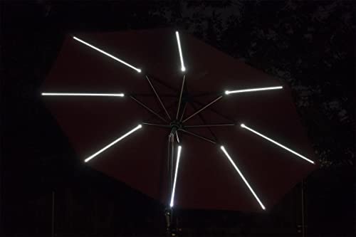 Sun-Ray 811028 9' Round Next Gen 8-Rib Solar Patio Umbrella 32 LED Within Unique Strip Lighting, Crank and Tilt, 9 ft, Scarlet/Red