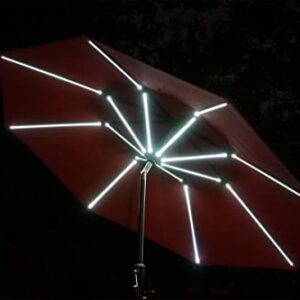 Sun-Ray 811028 9' Round Next Gen 8-Rib Solar Patio Umbrella 32 LED Within Unique Strip Lighting, Crank and Tilt, 9 ft, Scarlet/Red