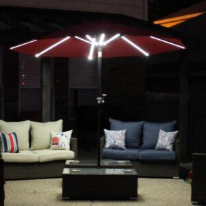 Sun-Ray 811028 9' Round Next Gen 8-Rib Solar Patio Umbrella 32 LED Within Unique Strip Lighting, Crank and Tilt, 9 ft, Scarlet/Red