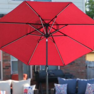 Sun-Ray 811028 9' Round Next Gen 8-Rib Solar Patio Umbrella 32 LED Within Unique Strip Lighting, Crank and Tilt, 9 ft, Scarlet/Red