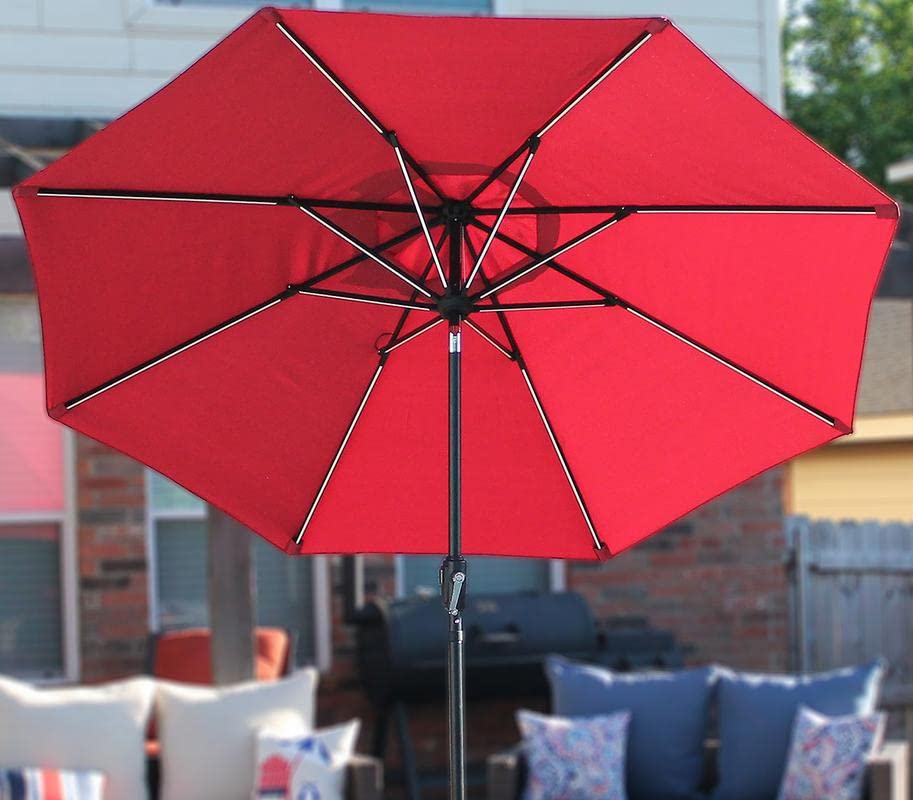 Sun-Ray 811028 9' Round Next Gen 8-Rib Solar Patio Umbrella 32 LED Within Unique Strip Lighting, Crank and Tilt, 9 ft, Scarlet/Red