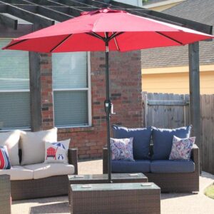 Sun-Ray 811028 9' Round Next Gen 8-Rib Solar Patio Umbrella 32 LED Within Unique Strip Lighting, Crank and Tilt, 9 ft, Scarlet/Red