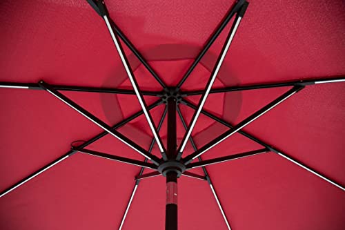 Sun-Ray 811028 9' Round Next Gen 8-Rib Solar Patio Umbrella 32 LED Within Unique Strip Lighting, Crank and Tilt, 9 ft, Scarlet/Red