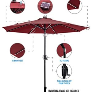 Sun-Ray 811028 9' Round Next Gen 8-Rib Solar Patio Umbrella 32 LED Within Unique Strip Lighting, Crank and Tilt, 9 ft, Scarlet/Red