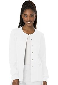 snap front scrub jackets for women, workwear revolution soft stretch ww310, l, white