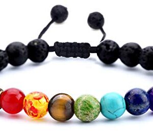 Hamoery Men Women 8mm Lava Rock Beads Chakra Bracelet Braided Rope Natural Stone Yoga Bracelet Bangle(Lava Chakra)