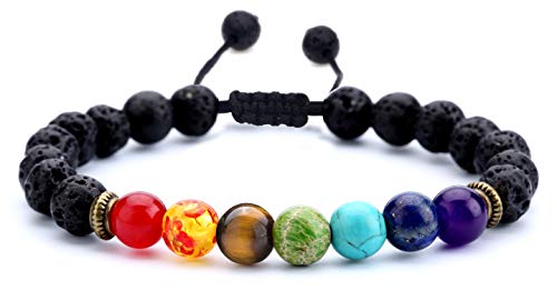 Hamoery Men Women 8mm Lava Rock Beads Chakra Bracelet Braided Rope Natural Stone Yoga Bracelet Bangle(Lava Chakra)