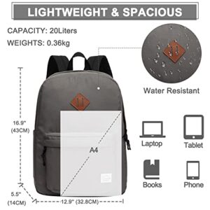 VASCHY Lightweight Backpack for School, Classic Basic Water Resistant Casual Daypack for Travel with Bottle Side Pockets (Gray)