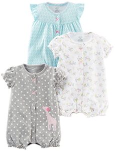 simple joys by carter's baby girls' snap-up rompers, pack of 3, blue swan/grey dots/white floral, newborn